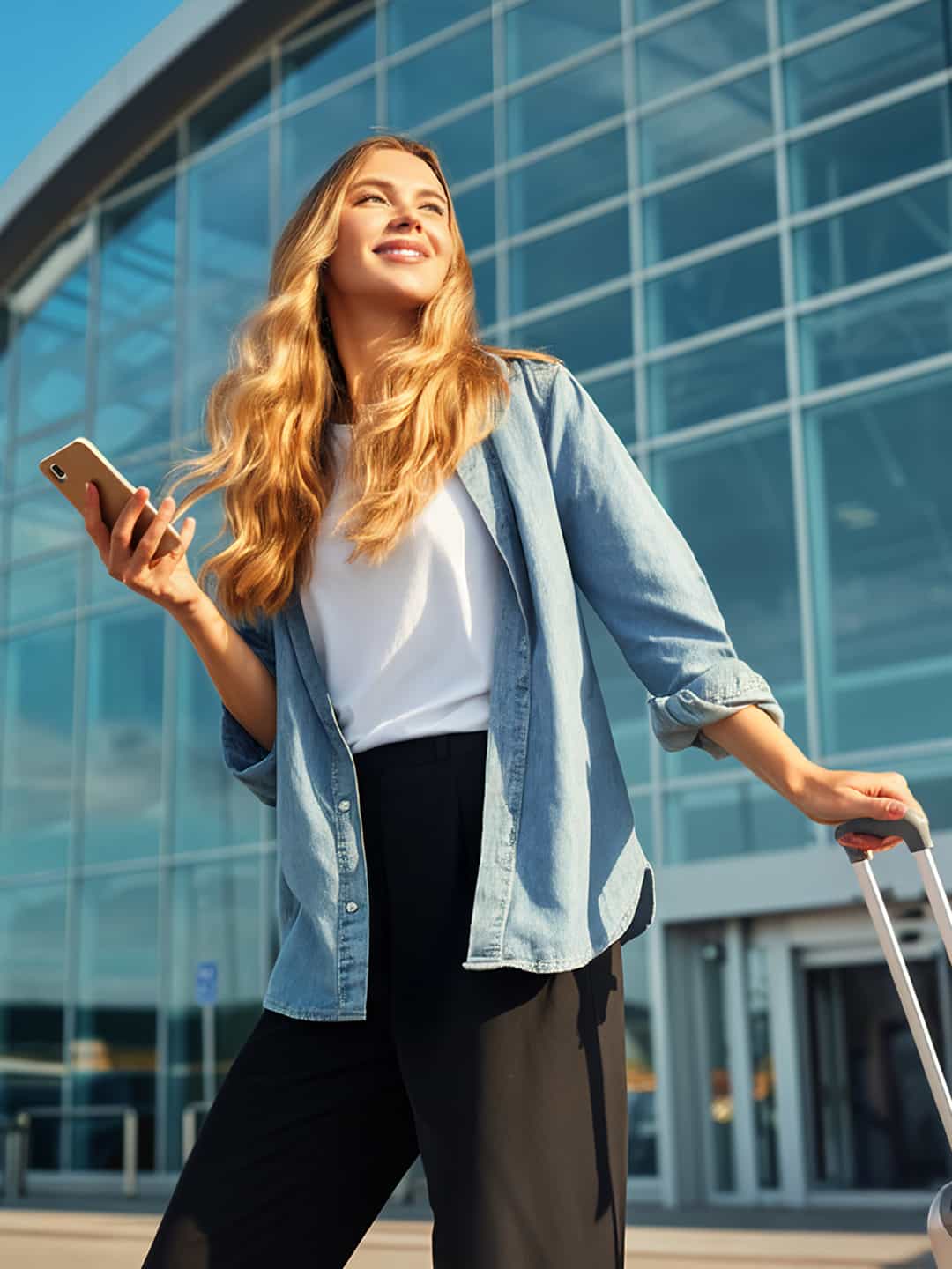 woman outside airport ordering taxi on phone