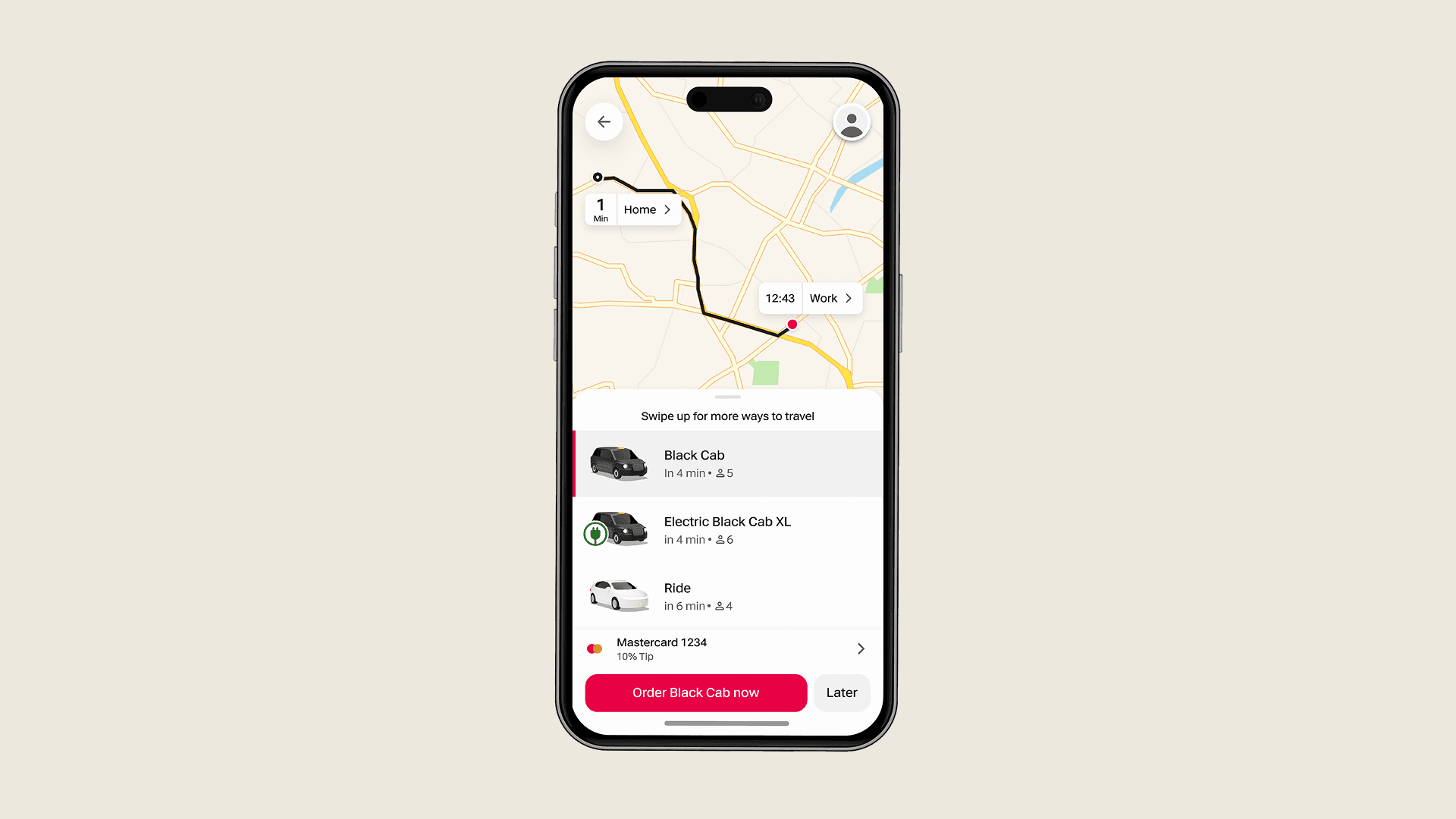 A mobile phone with FREENOW app showing taxis and map.