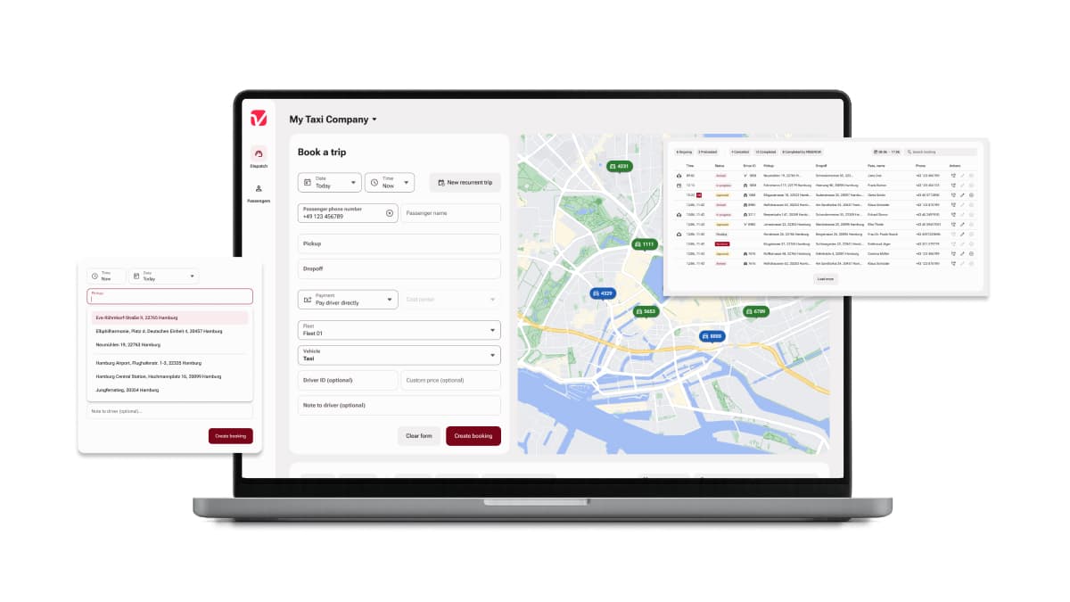 Screen showing the booking screen of the Freenow taxi dispatch software